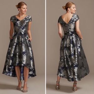 Oleg Cassini Metallic Floral Brocade High-Low Cap Sleeve Dress Size 10